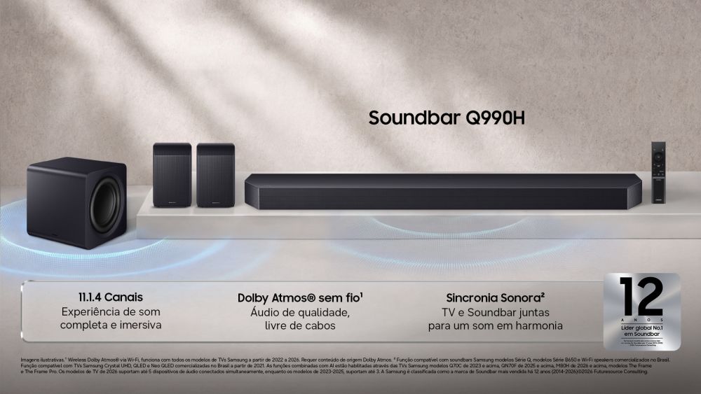 A imagem traz a nova Samsung soundbar modelo Q990H e suas principais características
