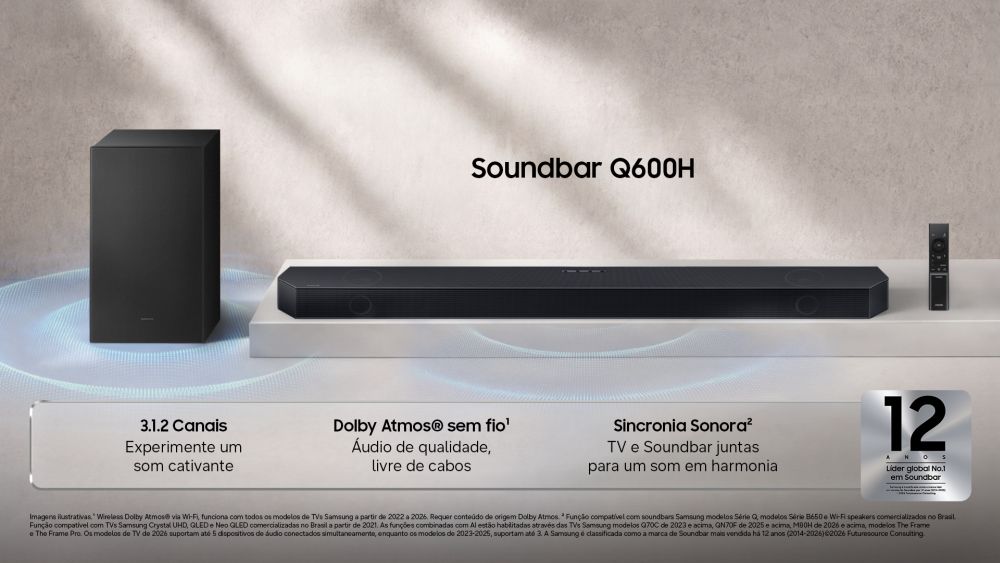 A imagem mostra a nova soundbar Samsung Q600H e suas principais características