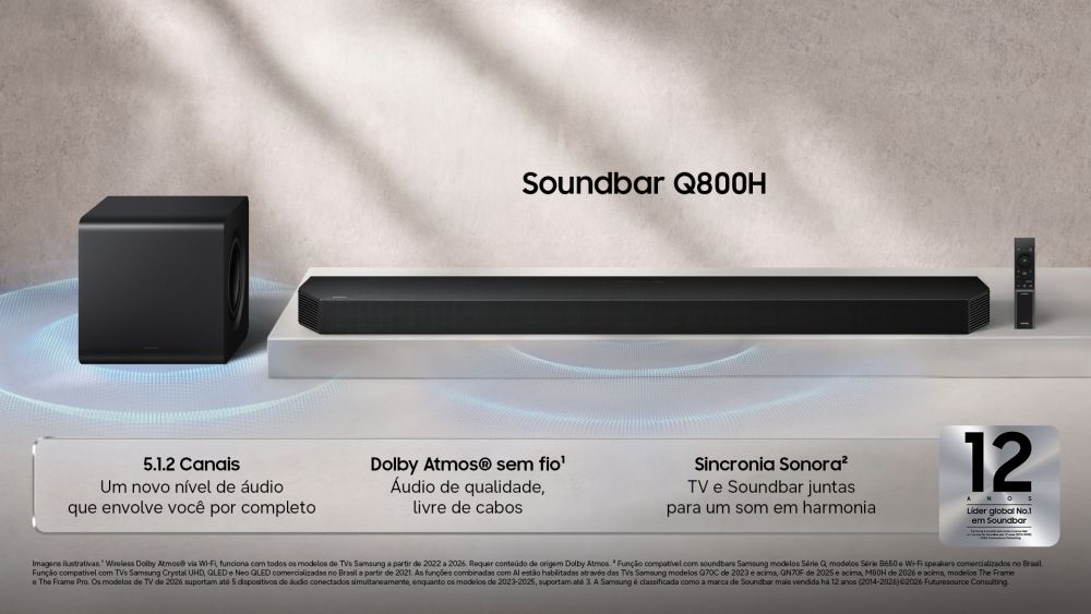 A imagem mostra a nova soundbar Samsung Q800H e suas principais características