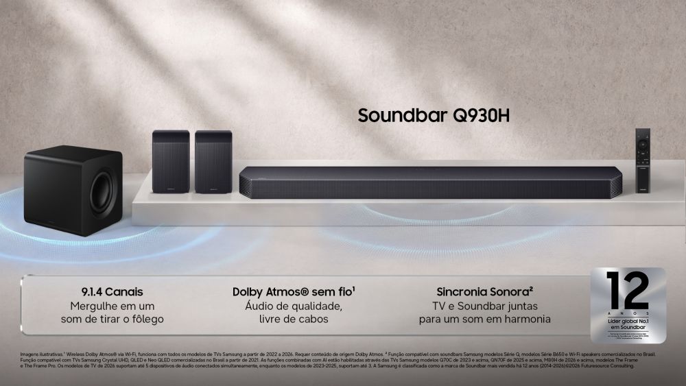 A imagem mostra a nova soundbar Samsung Q930H e suas principais caracterísitcas