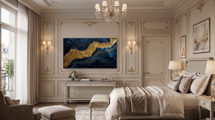 A Samsung The Frame para hotéis está instalada na parede de uma suíte de hotel de alto padrão, integrada à decoração elegante do ambiente. Na tela, uma obra de arte abstrata em tons de azul-marinho e dourado reforça o conceito de Art TV, transformando a televisão em um elemento decorativo quando não está em uso. O quarto apresenta acabamentos clássicos, iluminação suave e mobiliário sofisticado.