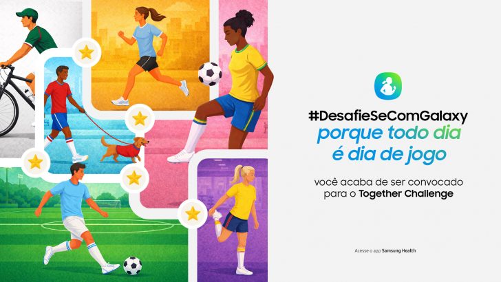 lustração da campanha #DesafieSeComGalaxy da Samsung. A imagem mostra diferentes pessoas praticando atividades físicas, como caminhada, corrida, ciclismo, futebol e alongamento, conectadas por um caminho com estrelas que remete à progressão em um jogo. À direita, o texto destaca a campanha "Porque todo dia é dia de jogo" e convida os usuários a participarem do Together Challenge no Samsung Health, com benefícios como descontos, sorteios de prêmios e experiências exclusivas.