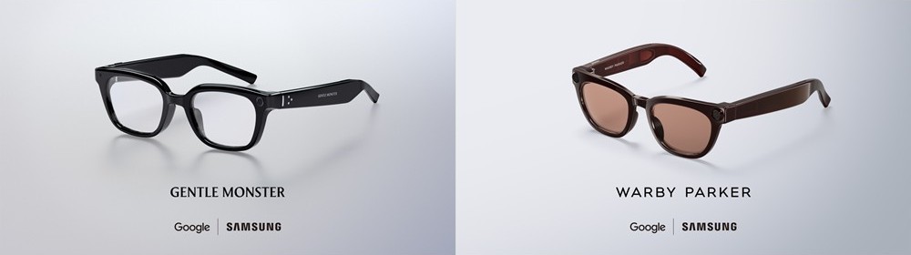Uma imagem que mostra dois óculos inteligentes apresentados durante o Samsung Galaxy Unpacked 2026, em 22 de julho de 2026, em Londres (Reino Unido). O óculos da esquerda tem armação preta, e abaixo dele aparece os dizeres "Gentle Monster. Google | Samsung". O óculos da direita tem armação e lentes na cor marrom, e abaixo dele aparece os dizeres "Warby Parker. Google | Samsung".