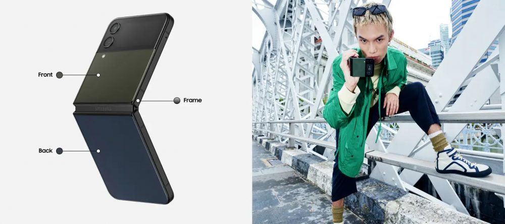 A imagem mostra um Galaxy Z Flip4 Edição Bespoke, em que era possível personalizar as cores da parte traseira do dispositivo. À direita, um modelo aparece em uma ponte segurando o aparelho.