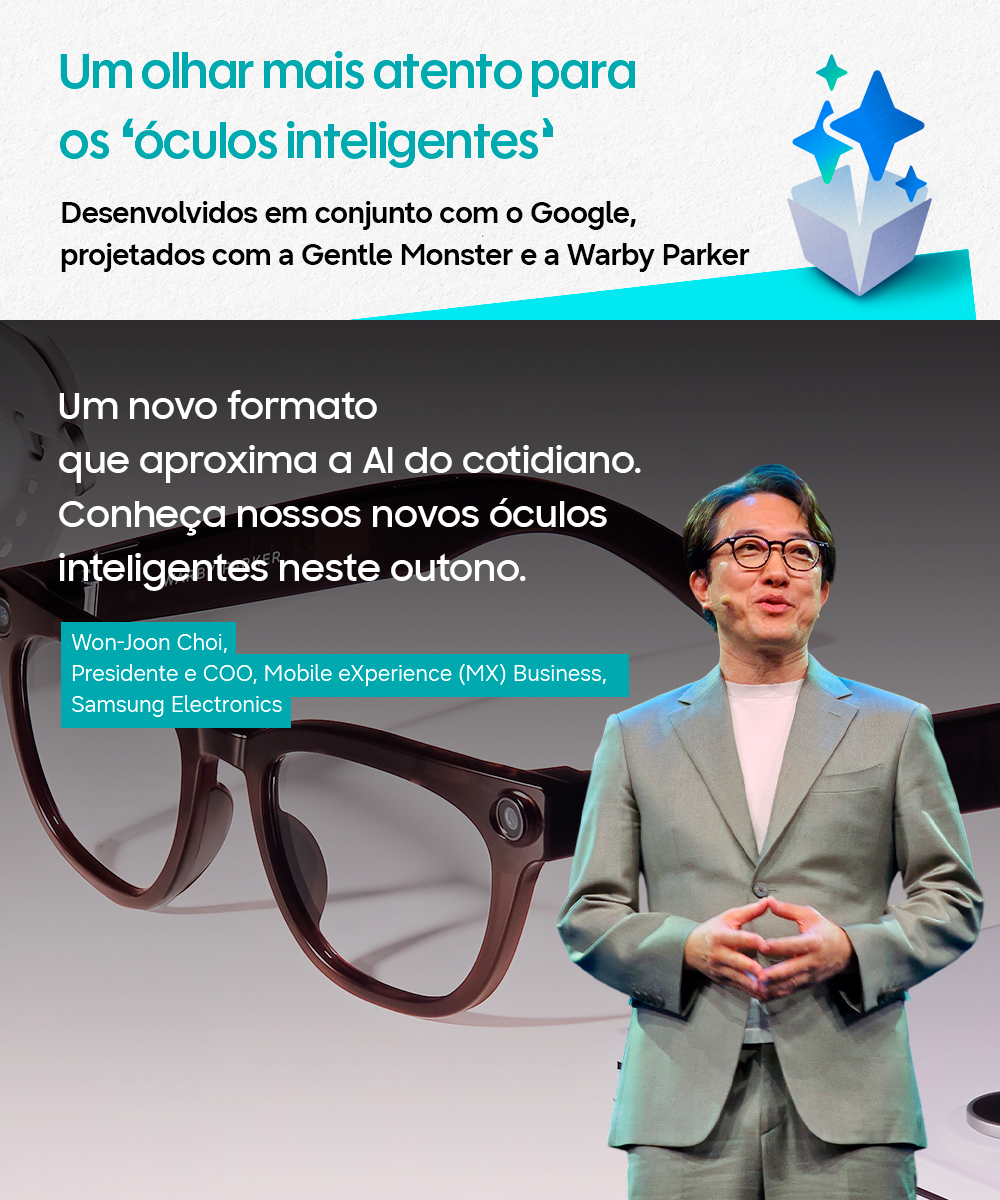 A imagem, dividida em duas, exibe na primeira parte superior a frase "Um olhar mais atento para os óculos inteligentes. Desenvolvidos em conjunto com o Google, projetados com a Gentle Monster e a Warby Parker". Abaixo, a imagem de Won-Joon Choi, da Samsung, com a frase "Um novo formato que aproxima a IA do cotidiano. Conheça nossos novos óculos inteligentes neste outono".