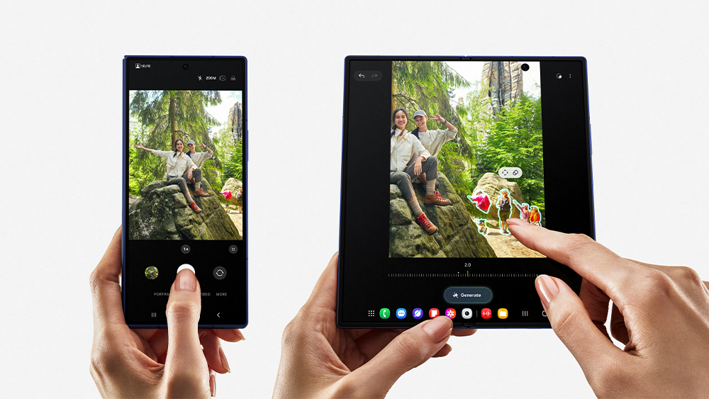 A imagem mostra o Galaxy Z Fold7 fechado (à esquerda), com uma mão tirando a foto de um casal em uma árvore, e aberto (à direita), mostrando opções de edição com inteligência artificial.