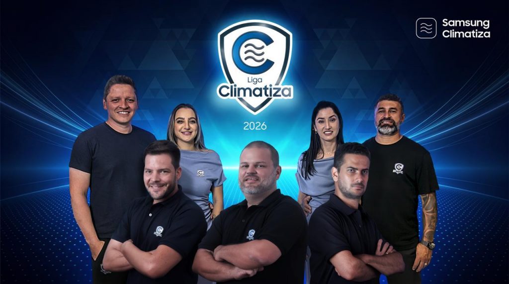 Arte promocional da temporada 2026 da Liga Climatiza, da Samsung Climatiza, com sete participantes posicionados em frente ao escudo da competição. O fundo em tons de azul traz elementos gráficos que remetem à tecnologia e inovação, enquanto o logotipo da Samsung Climatiza aparece no canto superior direito, destacando o programa voltado ao desenvolvimento e reconhecimento de instaladores de ar-condicionado.