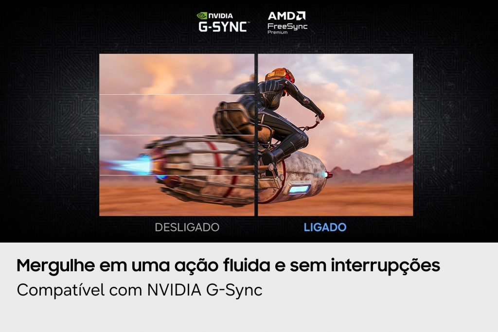 Monitor gamer Samsung Odyssey G4 exibe comparação entre imagens com a sincronização adaptativa desligada e ligada, demonstrando uma jogabilidade mais fluida e sem interrupções. A imagem destaca a compatibilidade com NVIDIA G-SYNC e AMD FreeSync Premium, evidenciando redução de cortes e travamentos durante partidas.