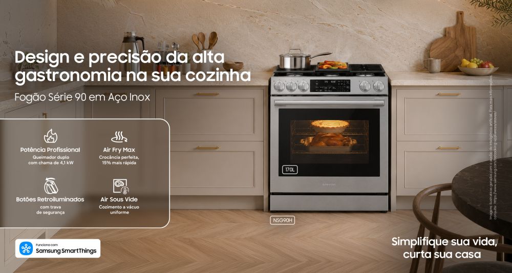 A imagem mostra o novo Fogão Série 90 da Samsung e algumas de suas principais características