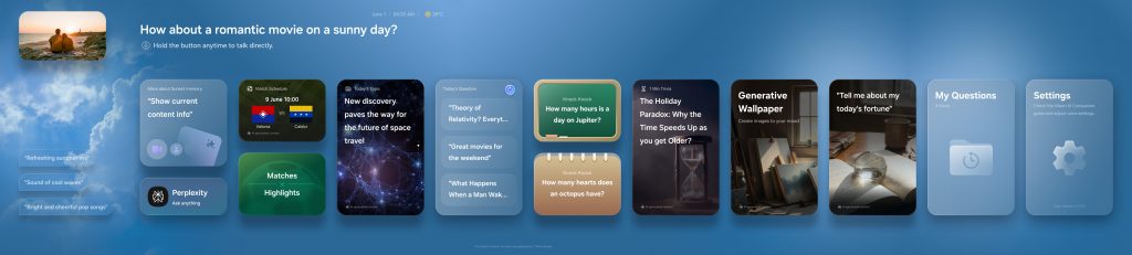 A tela inicial do Vision AI Companion organiza sugestões personalizadas, tópicos do dia, recomendações de conteúdo, perguntas frequentes e recursos generativos em uma interface desenvolvida para facilitar o acesso às experiências de AI diretamente na TV.