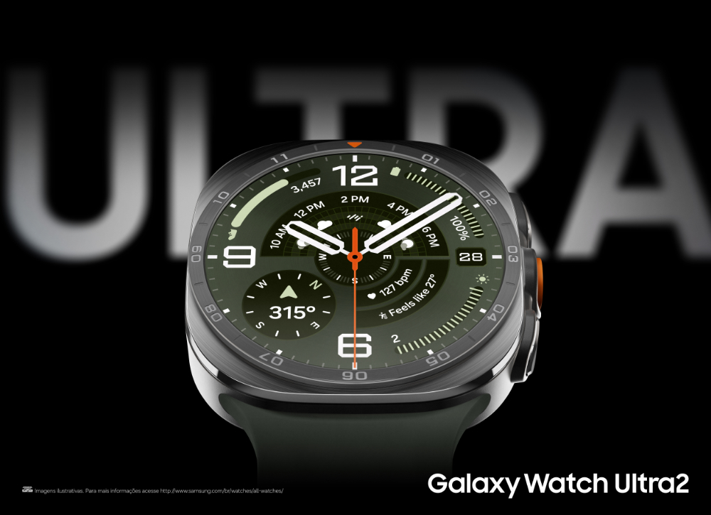 Uma imagem mostra um Samsung Galaxy Watch Ultra2 na cor Titânio Preto. O relógio exibe a tela com um mostrador de horas parado na hora 10h10. O fundo da imagem é preto e tem a palavra "ULTRA" levemente desfocada.