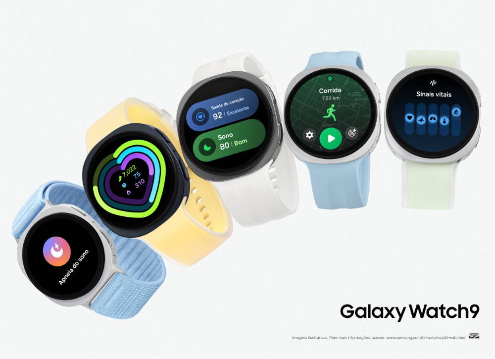 Uma imagem com fundo branco mostra cinco versões do Samsung Galaxy Watch9. Da esquerda para a direita: um relógio com pulseira azul mostra a tela "Sleep apnea"; um relógio com pulseira amarela mostra o desenho de um coração e várias métricas de atividade; um relógio na cor branca exibindo mostradores de sono e saúde do coração; um relógio na cor azul com um mostrador de corrida; e um relógio na cor branca mostrando os sinais vitais.