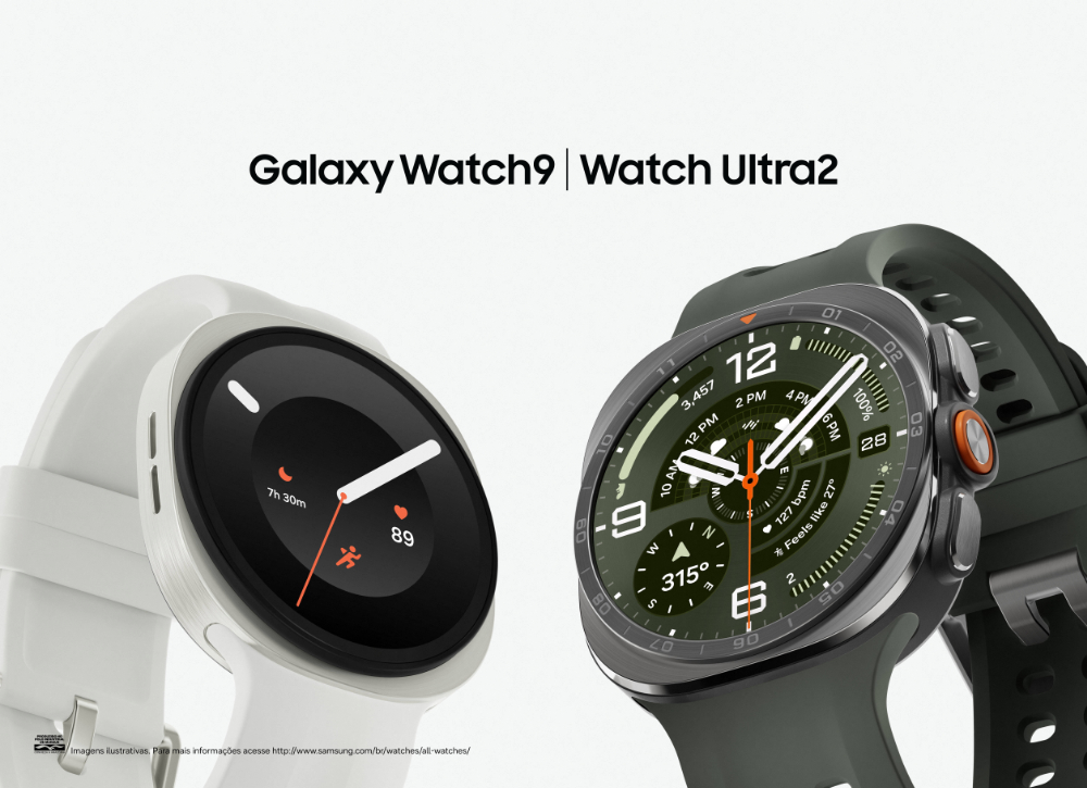 Uma imagem com fundo cinza mostra dois relógios: à esquerda, um Samsung Galaxy Watch9 na cor branca exibe um mostrador com fundo preto e uma espécie de cronômetro, além de hora e batimentos cardíacos. À direita, um Samsung Galaxy Watch Ultra2 na cor Titânio Preto, com um mostrador de relógio. Na parte superior central, a frase "Galaxy Watch9 | Watch Ultra2".