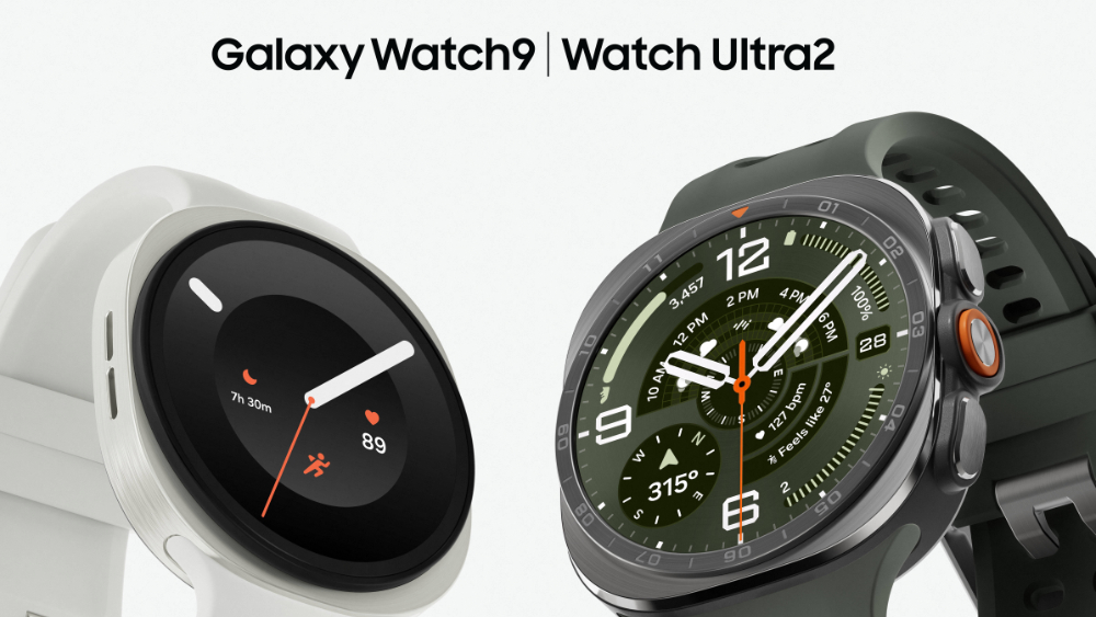 Uma imagem com fundo cinza mostra dois relógios: à esquerda, um Samsung Galaxy Watch9 na cor branca exibe um mostrador com fundo preto e uma espécie de cronômetro, além de hora e batimentos cardíacos. À direita, um Samsung Galaxy Watch Ultra2 na cor Titânio Preto, com um mostrador de relógio. Na parte superior central, a frase "Galaxy Watch9 | Watch Ultra2".