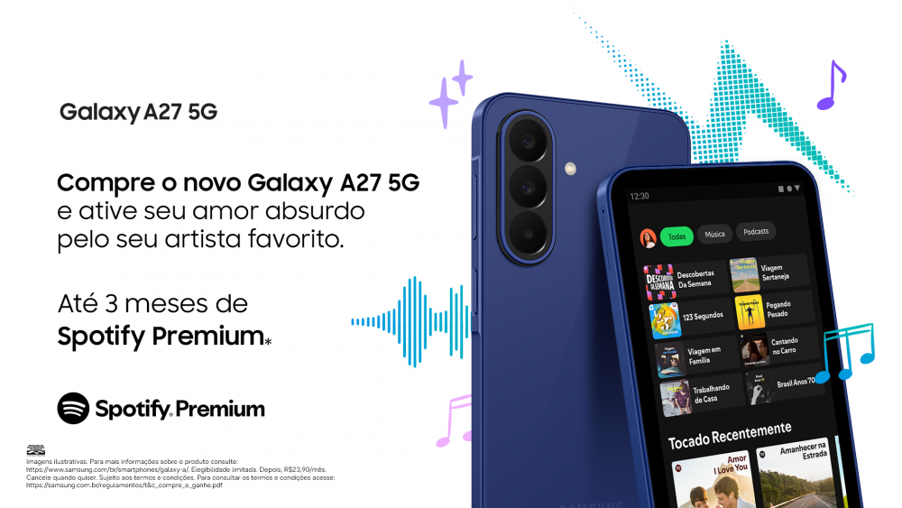 Peça promocional do Galaxy A27 5G em azul destacando a oferta de até três meses de Spotify Premium. A imagem mostra o smartphone pela parte traseira e frontal, com a tela exibindo o aplicativo do Spotify e elementos gráficos relacionados à música ao fundo.