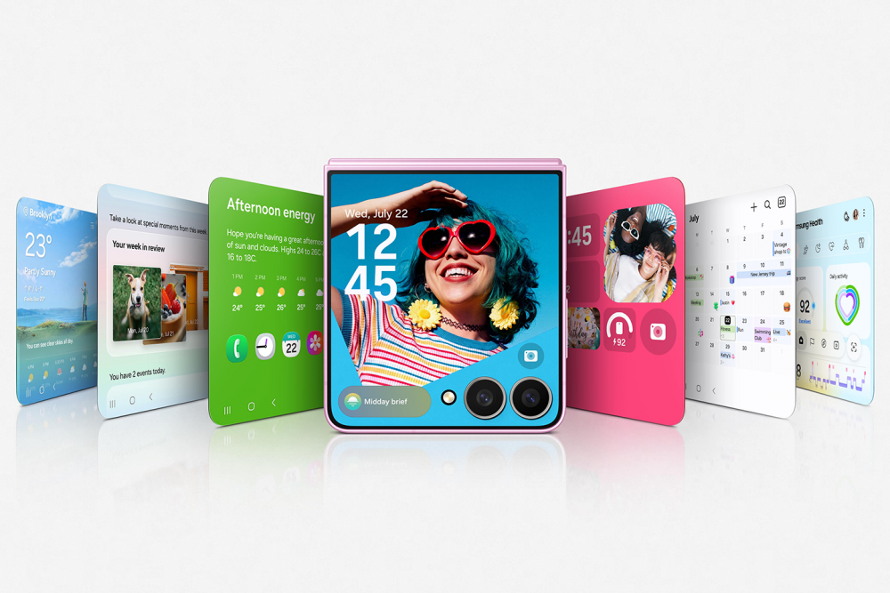 A nova Tela Externa do Galaxy Z Flip8 exibe informações e sugestões de próximas ações por meio do Now Brief, ajudando os usuários a transformar informações rápidas em ações no momento certo | Imagem meramente ilustrativa