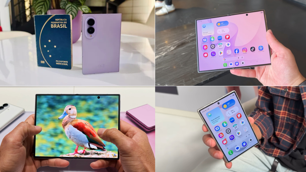 Montagem com quatro imagens do Galaxy Z Fold8 na cor Lavanda. No canto superior esquerdo, o smartphone fechado aparece ao lado de um passaporte brasileiro, destacando o formato semelhante ao de um passaporte. No superior direito, o celular aberto exibe a tela principal com a interface da nova One UI 9. No inferior esquerdo, o Galaxy Z Fold8 aberto reproduz um vídeo em tela cheia, evidenciando a proporção da tela para consumo de conteúdo. No inferior direito, o smartphone fechado é segurado com uma mão, mostrando a tela externa em uso e o formato compacto para o uso diário.
