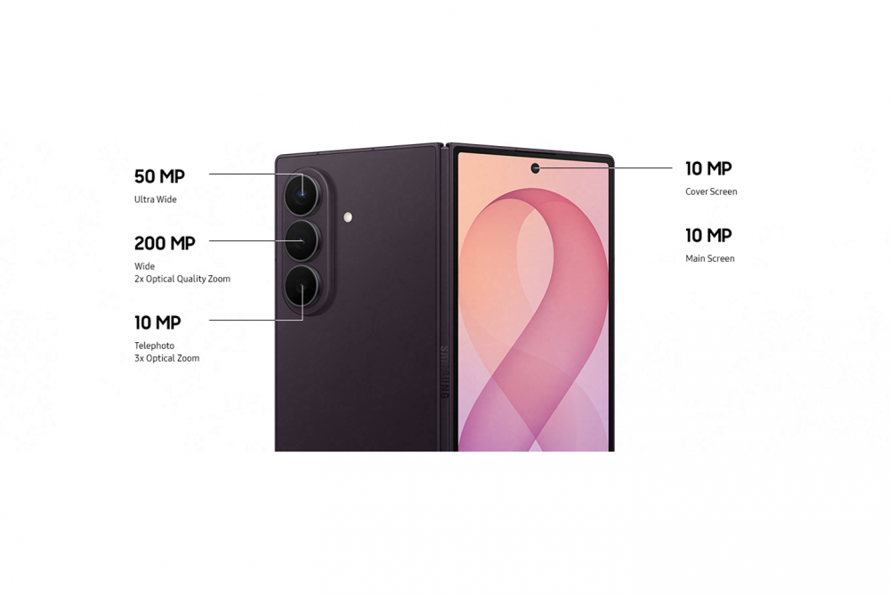 Galaxy Z Fold8 Ultra com destaque para o sistema de câmeras composto por lente principal de 200 MP, lente ultra-angular (ultra-wide) de 50 MP, teleobjetiva de 10 MP e câmeras frontal e da tela principal de 10 MP.