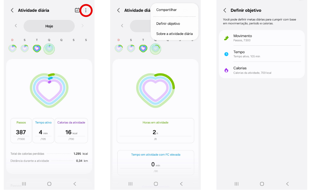 Montagem com três capturas de tela do aplicativo Samsung Health em um smartphone Galaxy. As imagens mostram o caminho para acessar a função Definir objetivo pelo menu de três pontos da tela Atividade diária e a página onde o usuário pode escolher entre as categorias Movimento, Tempo e Calorias para personalizar suas metas.