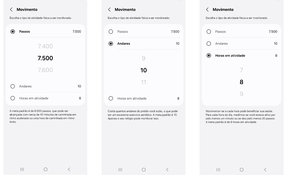 Montagem com três capturas de tela do Samsung Health exibindo as opções da categoria Movimento na definição de metas. As imagens mostram objetivos para Passos, Andares e Horas em atividade, permitindo personalizar a quantidade de passos, andares subidos ou horas ativas ao longo do dia.