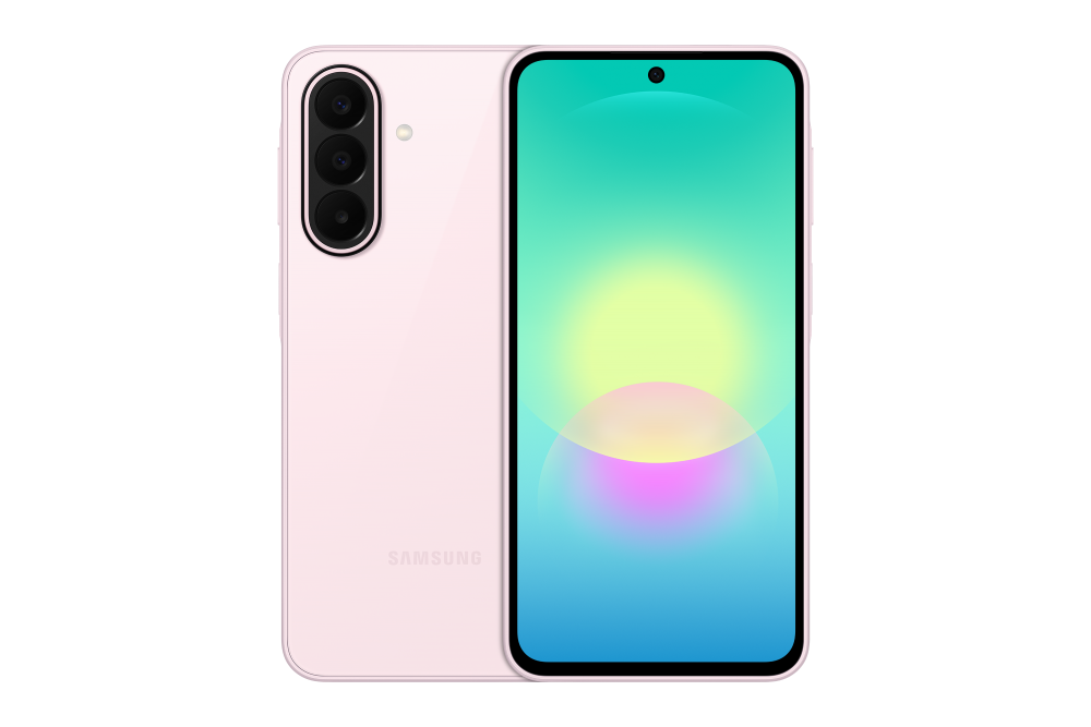 Imagem do Galaxy A27 5G na cor Rosa. À esquerda, o smartphone é exibido de costas, destacando a traseira em vidro com acabamento brilhante, o logotipo Samsung e o conjunto de três câmeras traseiras alinhadas verticalmente com flash em LED. À direita, o aparelho aparece de frente com tela Super AMOLED de bordas finas, display Infinity-O com câmera frontal centralizada e papel de parede em tons de azul, verde, amarelo e rosa. Imagem ilustrativa.