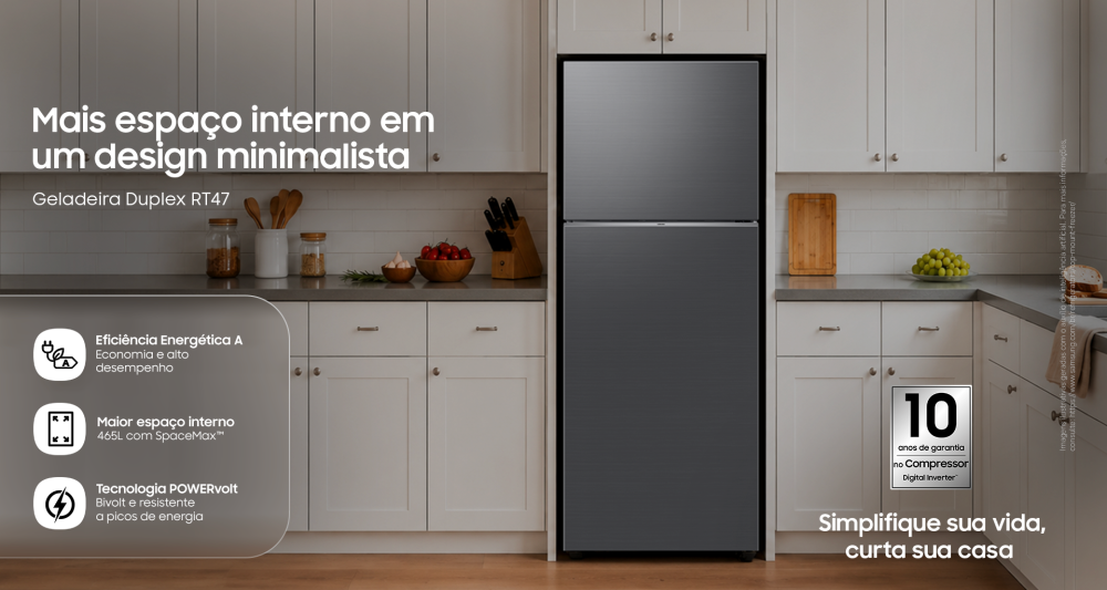Geladeira Duplex RT47 em cozinha planejada, destacando design minimalista, amplo espaço interno e recursos de eficiência energética.