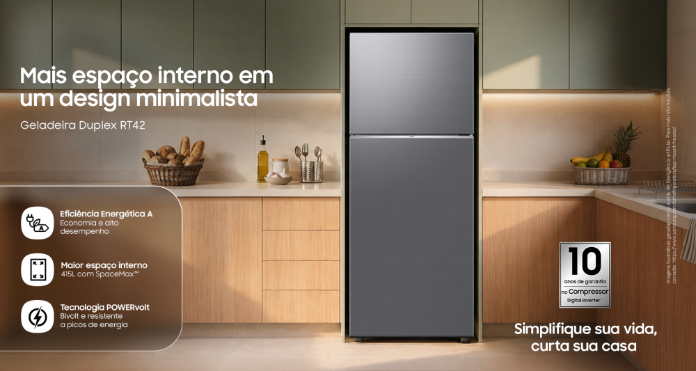Geladeira Duplex RT42 em cozinha planejada, destacando design minimalista, espaço interno e recursos de eficiência energética.