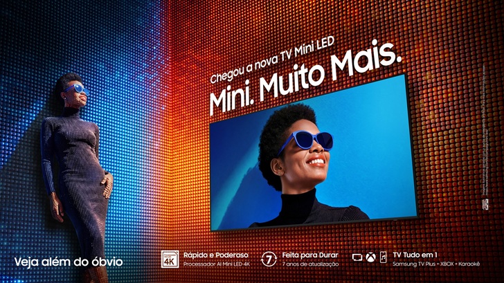 Campanha da Samsung destaca a nova TV Mini LED com imagem vibrante, AI e recursos avançados.