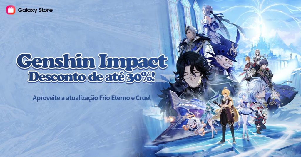 Banner da Galaxy Store exibindo uma ação promocional do jogo Genshin Impact na loja da Samsung.
