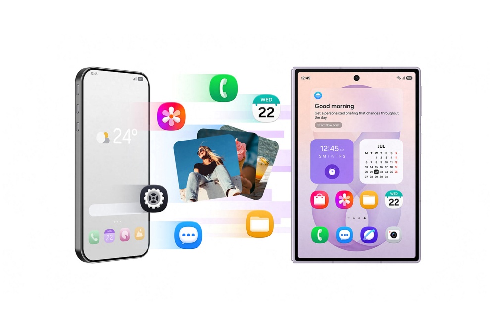 Ilustração da transferência de dados de outro smartphone para um Galaxy utilizando o Smart Switch.