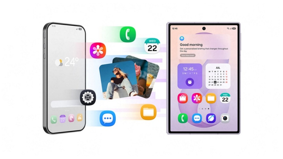 Ilustração da transferência de dados de outro smartphone para um Galaxy utilizando o Smart Switch.