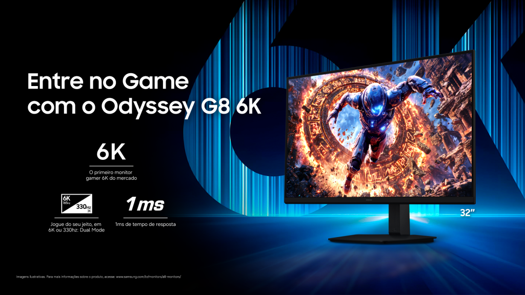 Monitor Odyssey G8 6K de 32 polegadas exibe cena de jogo e destaca resolução 6K, Dual Mode com 330 Hz e tempo de resposta de 1 ms.