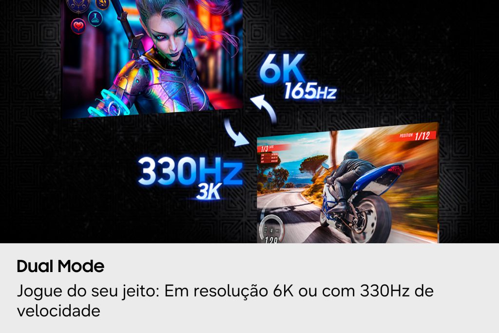 Monitor Odyssey G8 6K apresenta o recurso Dual Mode, com resolução 6K a 165 Hz ou 3K a 330 Hz para diferentes experiências de jogo.