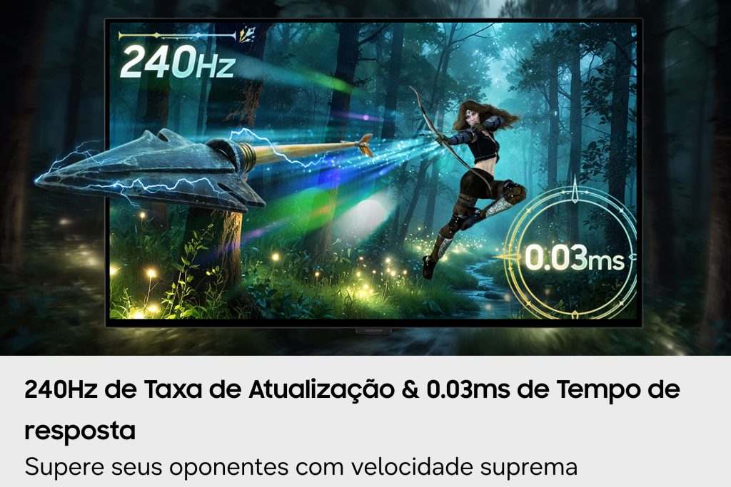 Monitor Odyssey OLED G8 exibe personagem em jogo de ação, destacando taxa de atualização de 240 Hz e tempo de resposta de 0,03 ms.