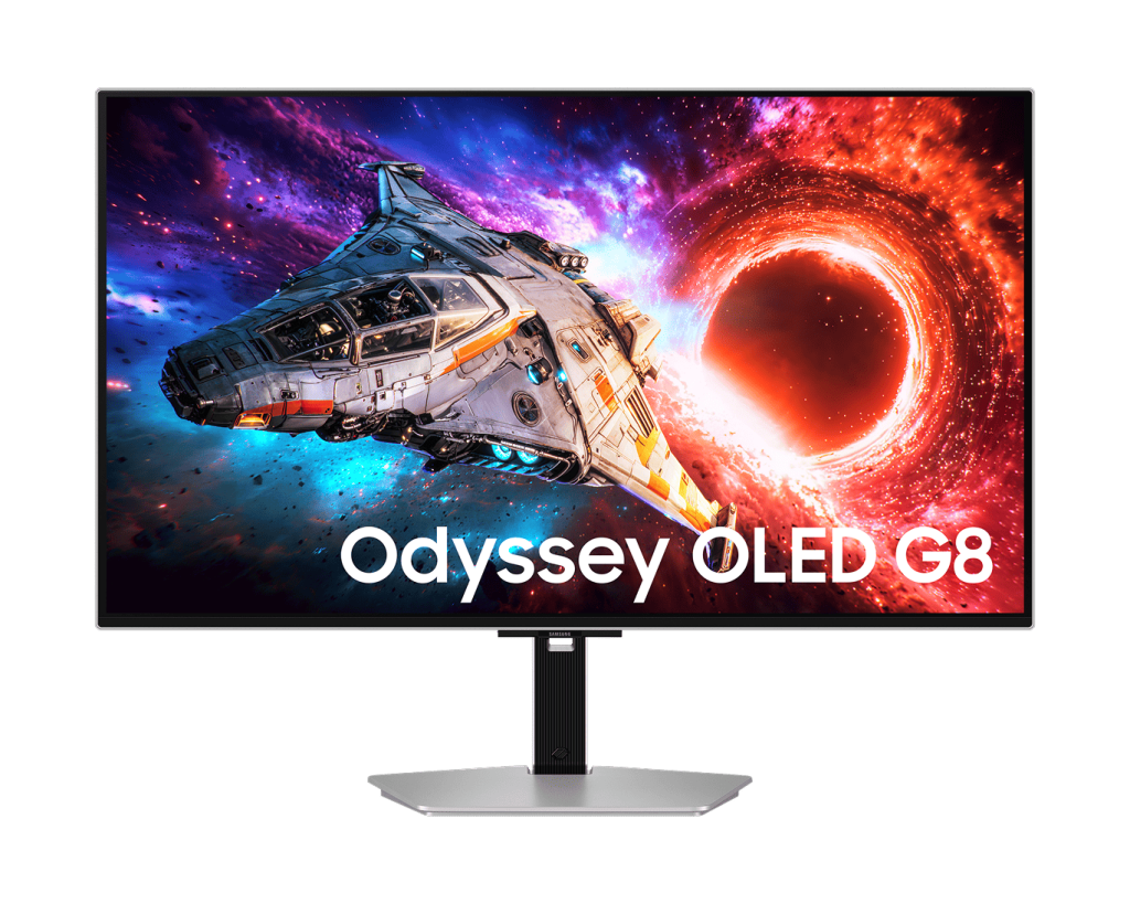 Monitor Samsung Odyssey OLED G8 com tela ampla e suporte ergonômico, exibindo cena de jogo com personagem em ambiente futurista.