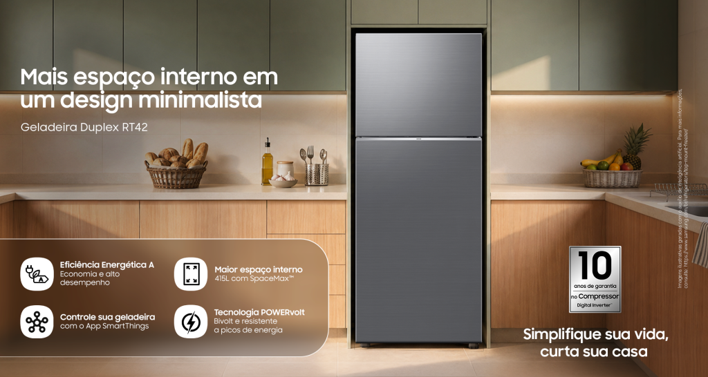 Geladeira Duplex RT42 em cozinha planejada, destacando design minimalista, espaço interno e recursos de eficiência energética.