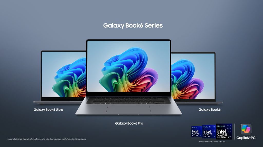 Peça promocional mostra notebooks Galaxy Book6 Ultra, Galaxy Book6 Pro e Galaxy Book6 em fundo cinza escuro.
