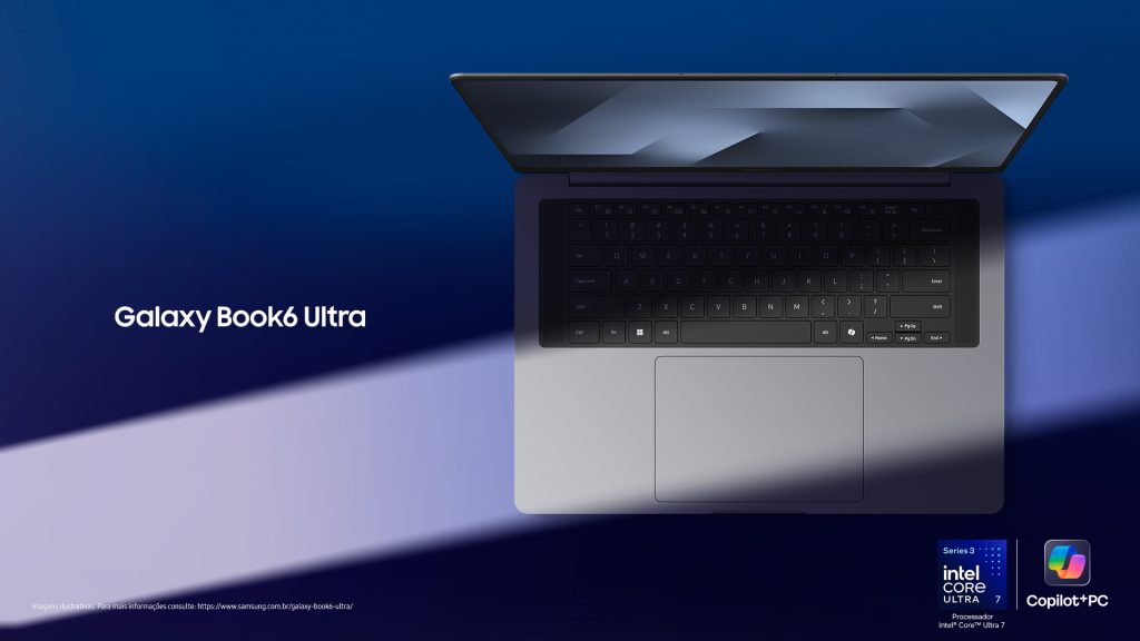 Notebook Galaxy Book6 Pro da Samsung aberto com visão lateral em fundo cinza e azul.