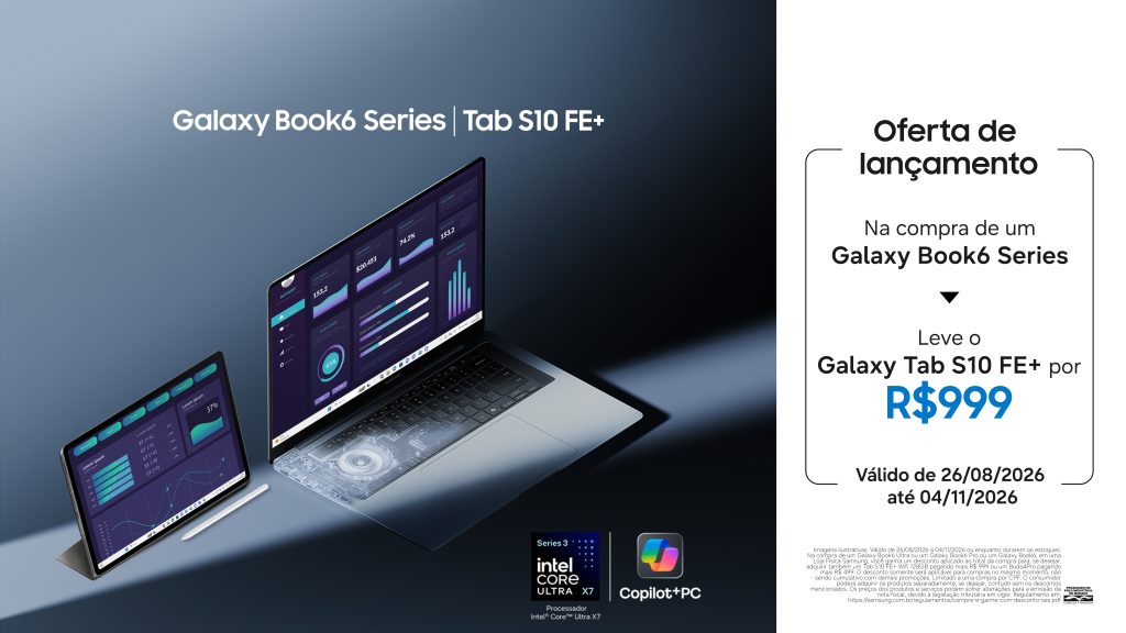 Notebook Galaxy Book6 aberto ao lado de um Galaxy Tab S10 FE+ com caneta, sobre fundo azul-escuro.