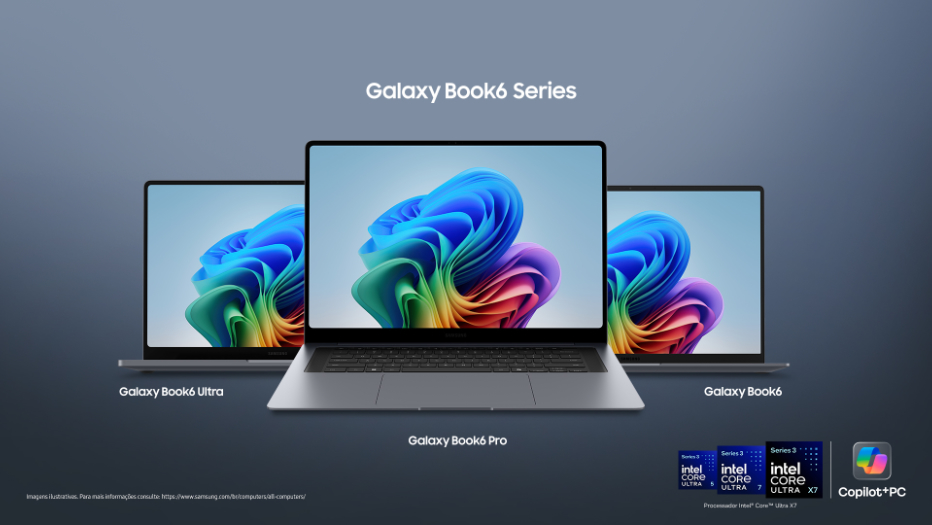 Peça promocional mostra notebooks Galaxy Book6 Ultra, Galaxy Book6 Pro e Galaxy Book6 em fundo cinza escuro.