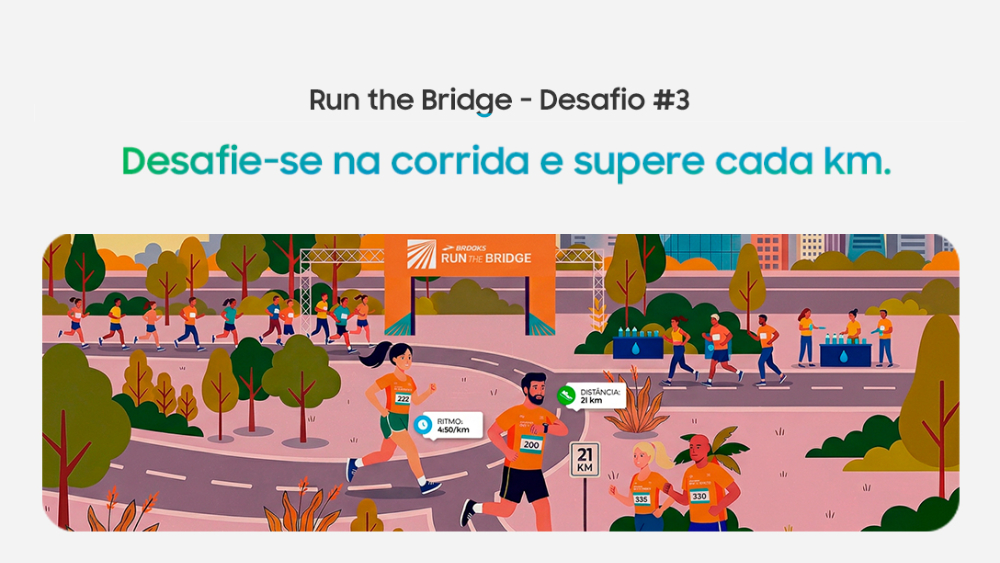 Ilustração de corredores durante uma prova de rua, representando o Run The Bridge: Desafio #3 do Clube Samsung Health.