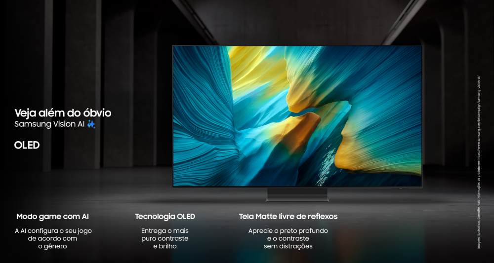 Imagem mostra a TV Vision AI OLED, com tecnologia OLED, tela fosca antirreflexo e recursos de inteligência artificial para otimização de imagem, som e jogos.