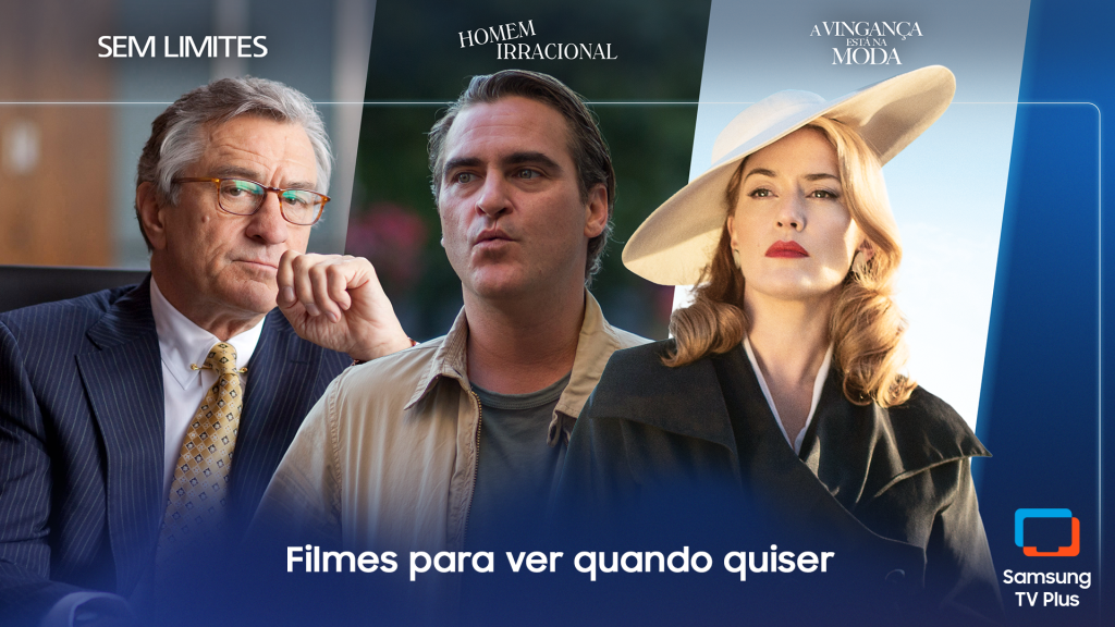 Imagem mostra sugestão de três filmes que estão disponíveis no Samsung TV PLus