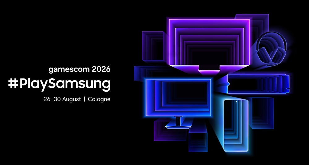 Key visual da Samsung para a gamescom 2026, com fundo preto e elementos gráficos em neon nas cores roxo e azul, representando monitores, headsets e outros dispositivos voltados ao universo gamer. À esquerda, aparecem os textos “gamescom 2026”, “#PlaySamsung” e “26-30 August | Cologne”, enquanto o logotipo Samsung está no canto superior esquerdo.