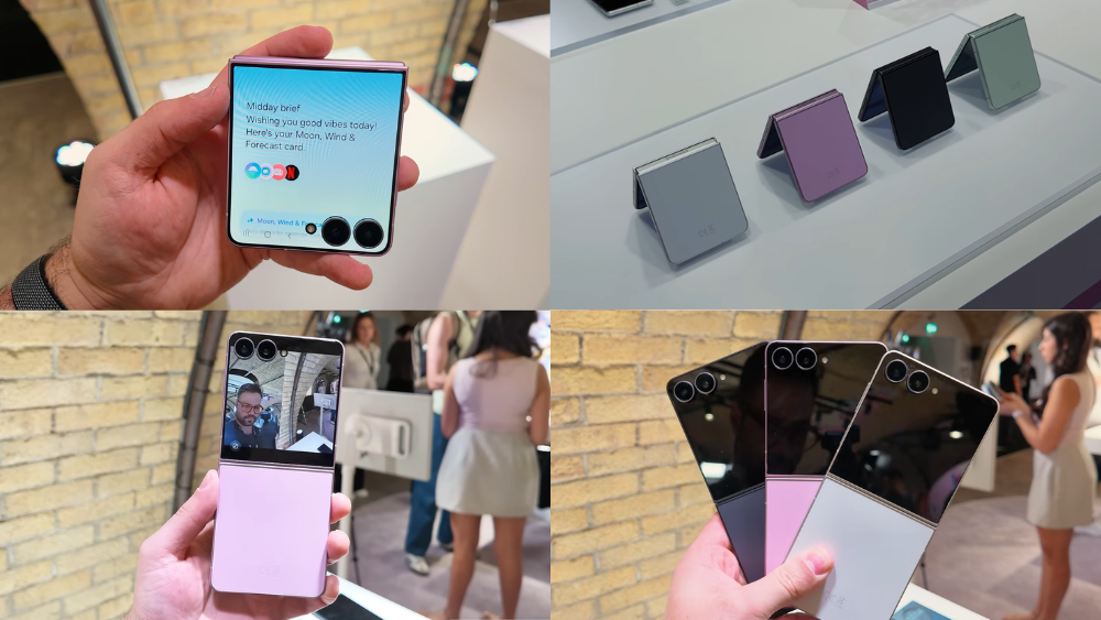 Montagem com quatro imagens do Galaxy Z Flip8. No canto superior esquerdo, o smartphone parcialmente aberto exibe a tela externa com widgets e notificações. No canto superior direito, o Galaxy Z Flip8 aparece nas cores preto, branco, rosa e verde menta sobre uma bancada. No canto inferior esquerdo, o aparelho aberto mostra a tela interna durante uma chamada de vídeo. No canto inferior direito, três unidades do Galaxy Z Flip8 fechadas são exibidas nas cores preto, rosa e branco, destacando o acabamento traseiro brilhante e o conjunto de duas câmeras.
