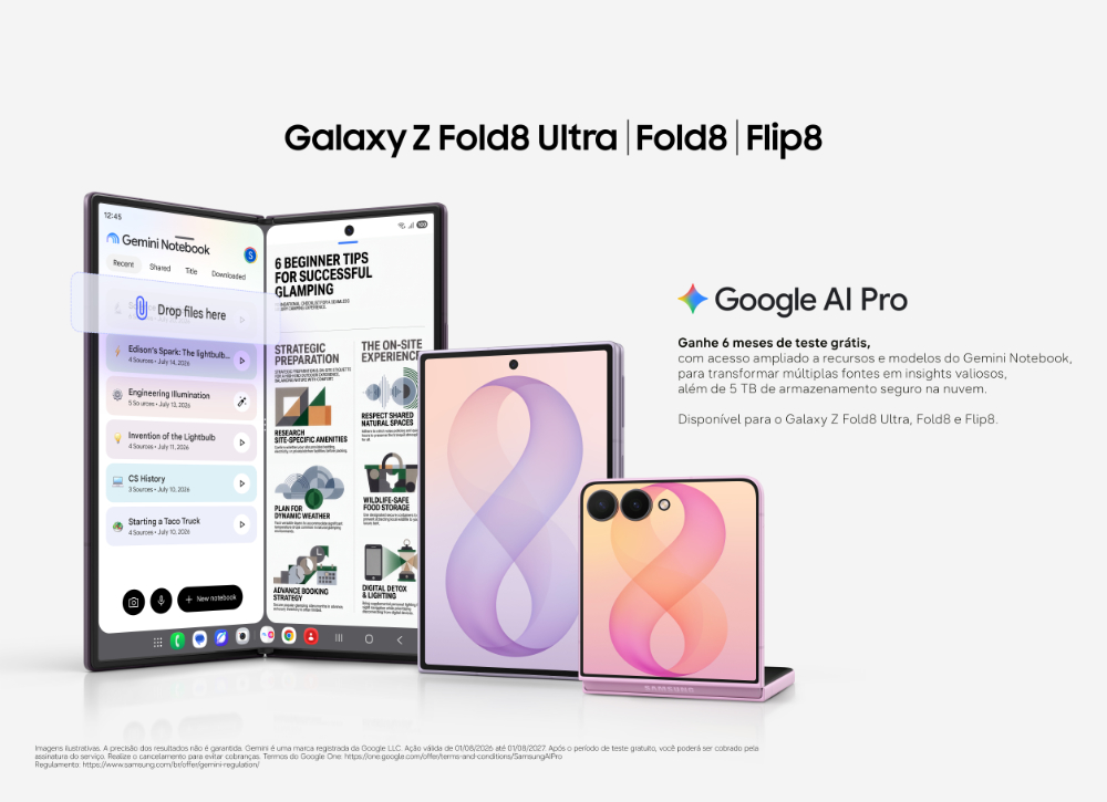 Galaxy Z Fold8 Ultra, Galaxy Z Fold8 e Galaxy Z Flip8 ao lado da identidade visual do Google AI Pro. O banner informa seis meses de teste gratuito com acesso a recursos avançados do Gemini e 5 TB de armazenamento em nuvem.