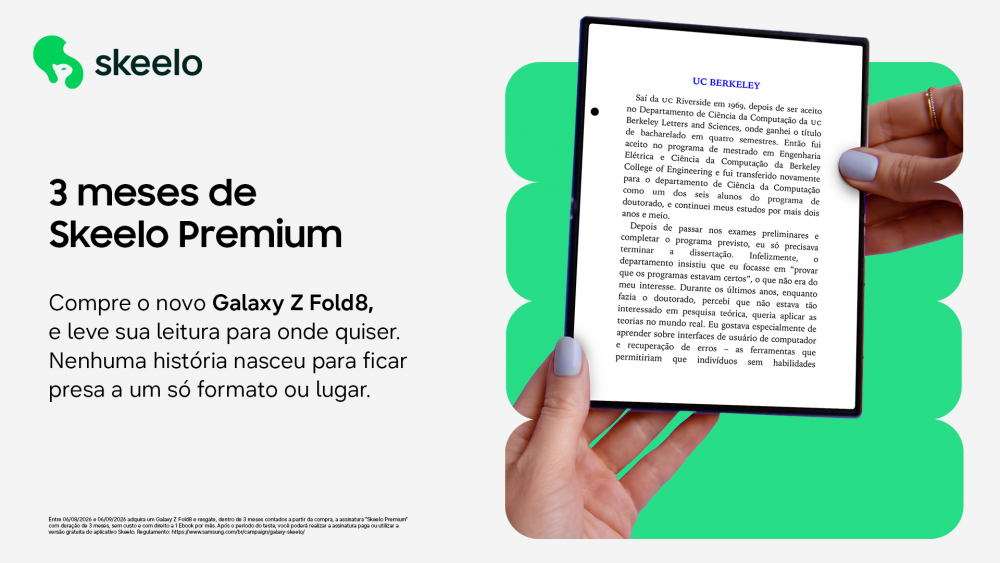 Galaxy Z Fold8 aberto exibindo a página de um livro digital. Ao lado, texto informa a oferta de três meses de Skeelo Premium na compra do smartphone.
