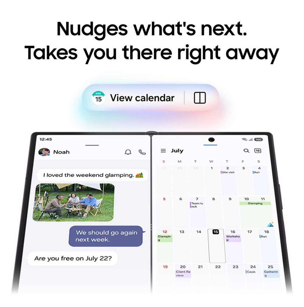 Galaxy Z Fold8 Ultra aberto, com a tela dividida entre uma conversa sobre um acampamento e o calendário de julho. Acima do dispositivo, um cartão exibe a opção “Ver calendário”.