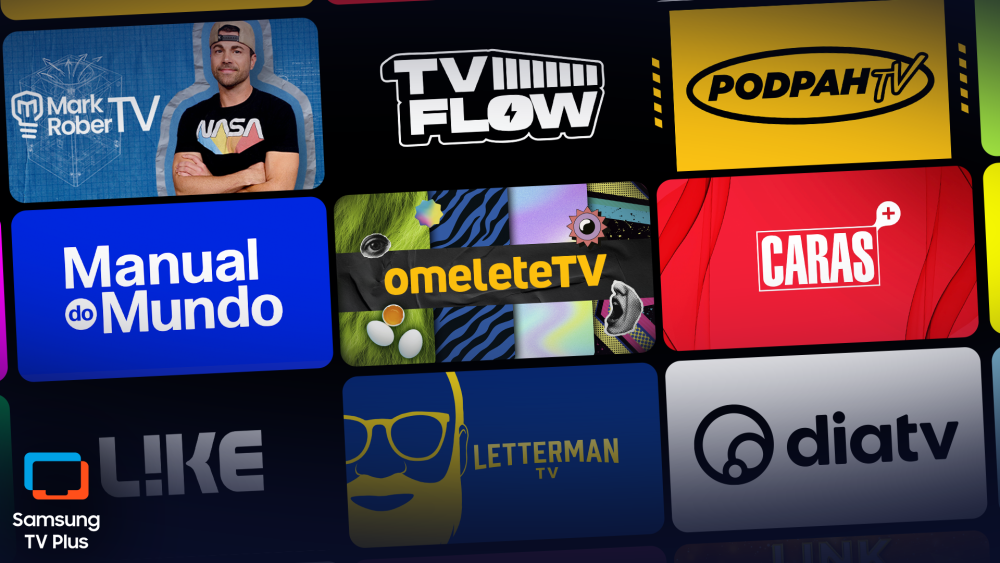 Mosaico de canais de cultura pop do Samsung TV Plus. Na imagem, aparecem lado a lado blocos coloridos com as marcas de canais parceiros como Mark Rober TV, TV Flow, Podpah TV, Manual do Mundo, OmeleteTV, Caras Plus, Canal Like, Letterman TV e DiaTV. No canto inferior esquerdo, destaca-se o logotipo oficial do Samsung TV Plus em letras brancas com um ícone laranja e azul.