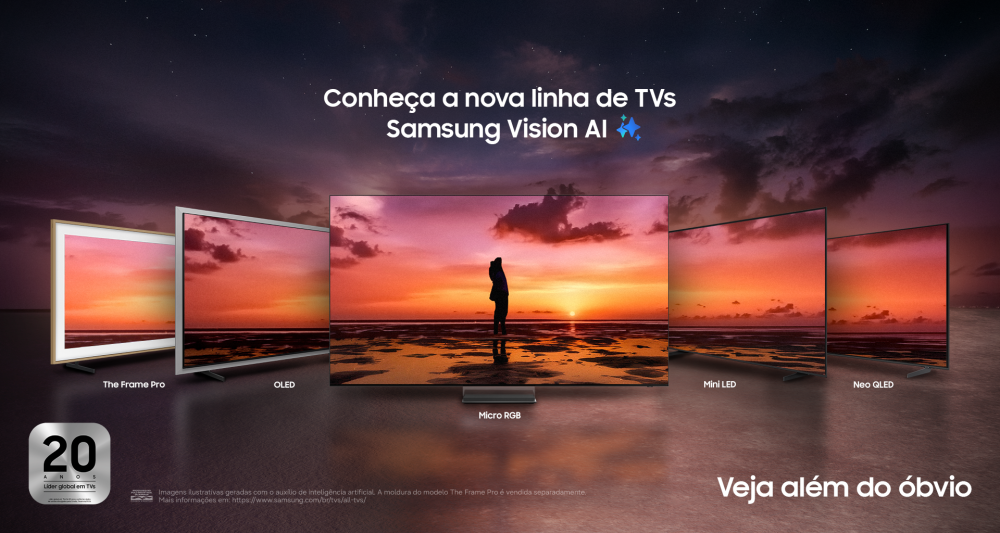 Imagem apresenta a nova linha de TVs Samsung Vision AI em um cenário ao pôr do sol, com os modelos The Frame Pro, OLED, Micro RGB, Mini LED e Neo QLED dispostos lado a lado. Ao centro, a Micro RGB exibe a imagem de uma pessoa na praia durante o pôr do sol. No topo, aparece a frase “Conheça a nova linha de TVs Samsung Vision AI” e, no canto inferior direito, “Veja além do óbvio”.